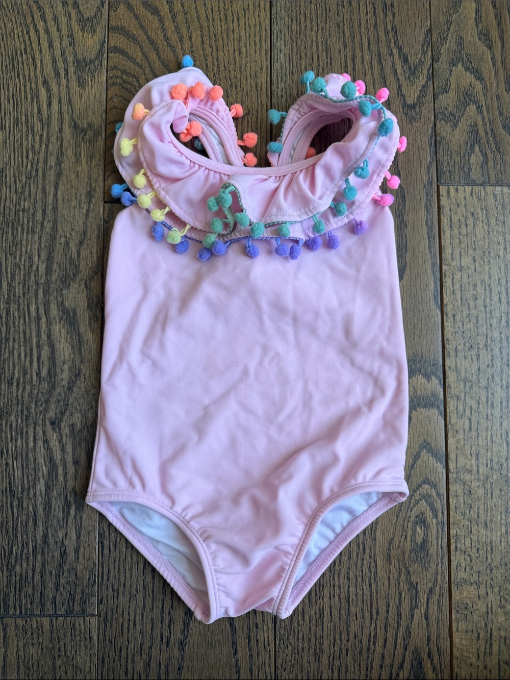 PQ Swim Pink Girls' One-Piece Swimsuit with Rainbow Pom Trim 18-24 months